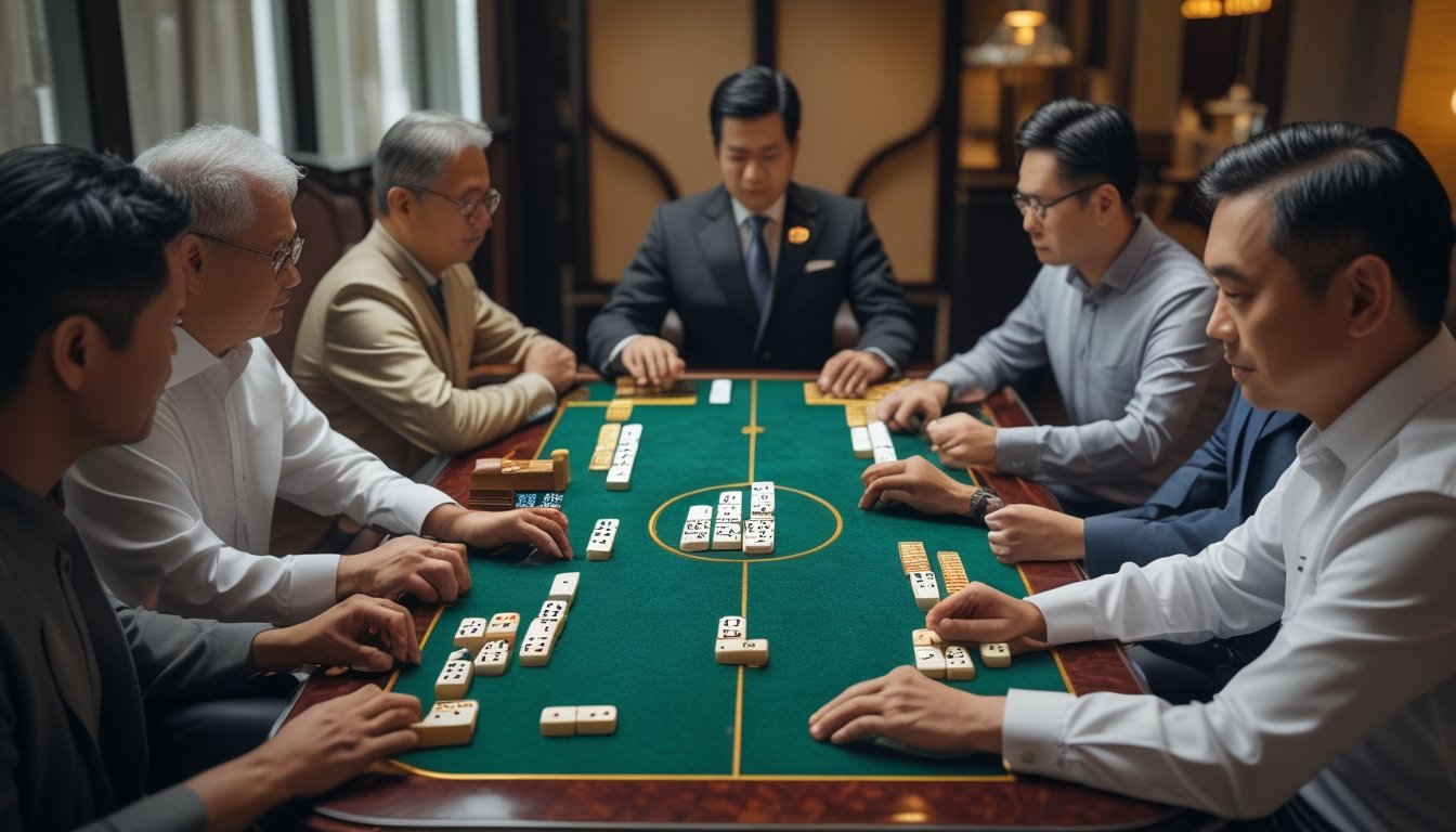Beberapa pemain dewasa bermain domino di meja dengan seorang bandar yang sedang mengatur permainan.