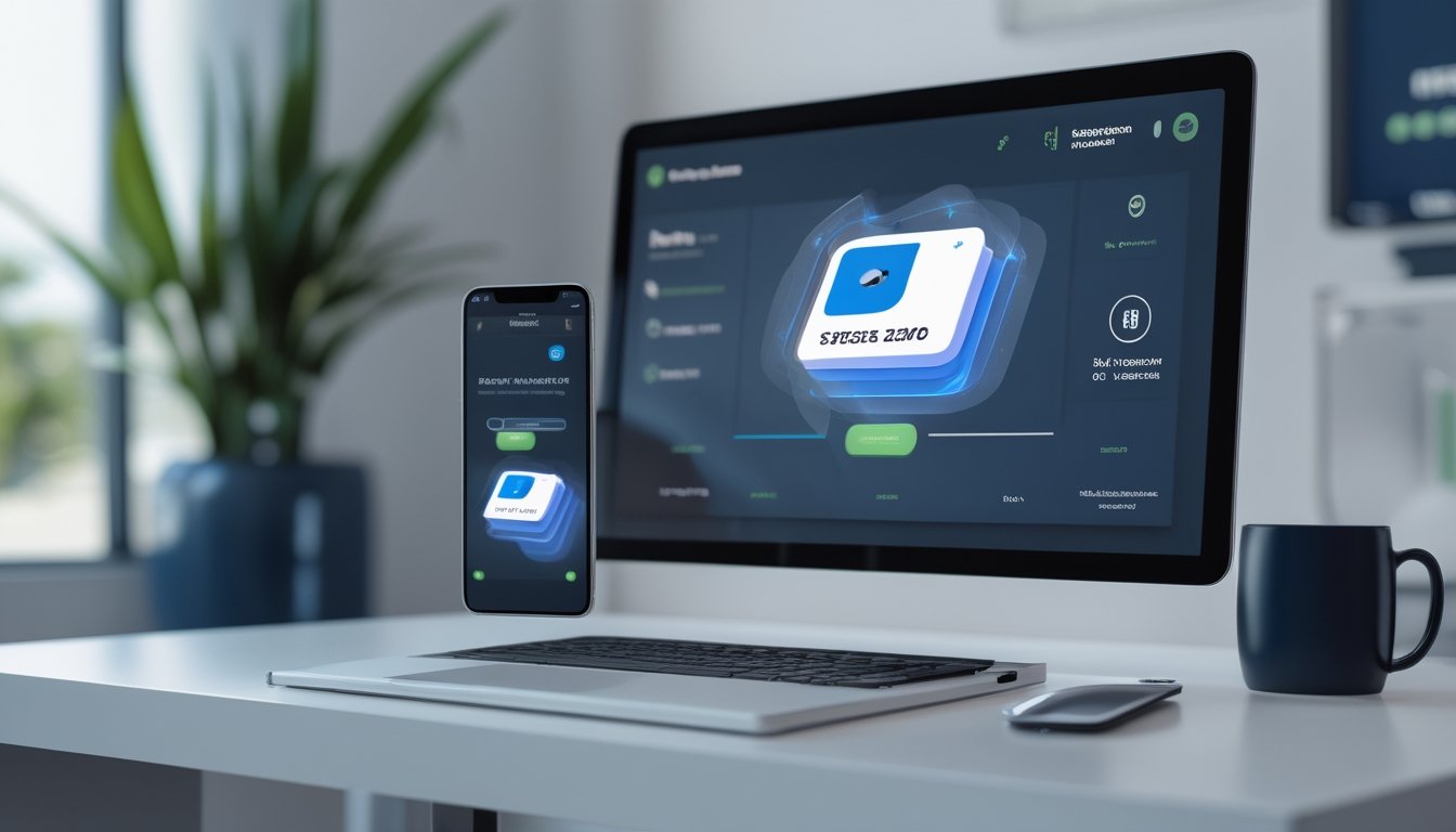 Ponsel dan laptop menampilkan antarmuka permainan kartu abstrak di atas meja kerja modern dengan simbol keamanan dan pembayaran digital.