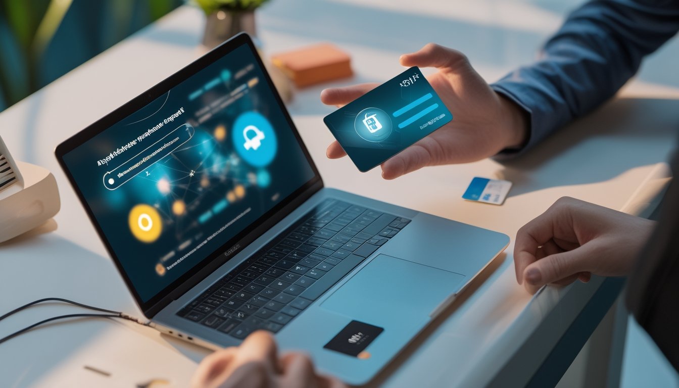 Seseorang menggunakan laptop dan ponsel untuk mengakses layanan pendaftaran akun serta pembayaran digital.