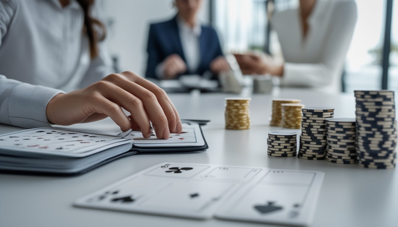 Seorang pemain pemula mempelajari kartu dan chip di meja permainan dengan suasana modern.