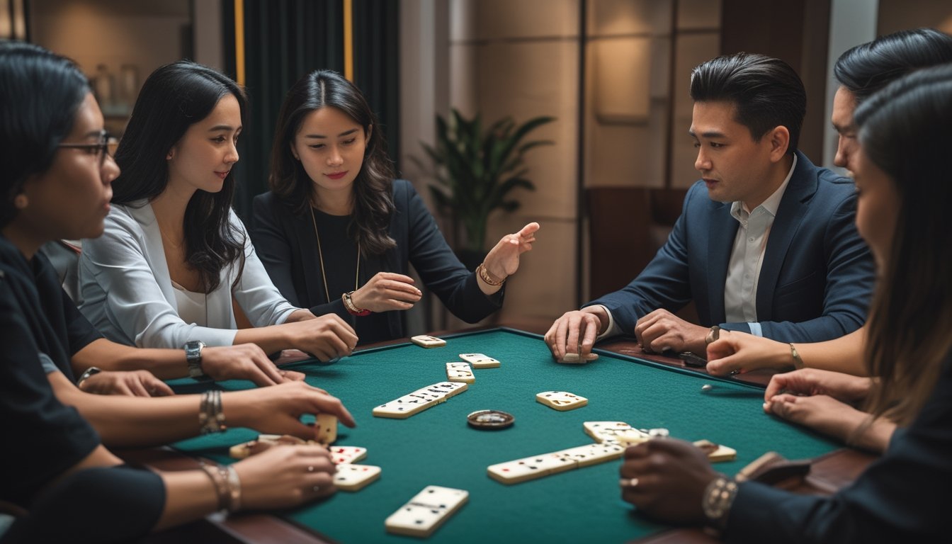 Pemula mempelajari aturan permainan domino bersama dealer di meja permainan yang tertata rapi.