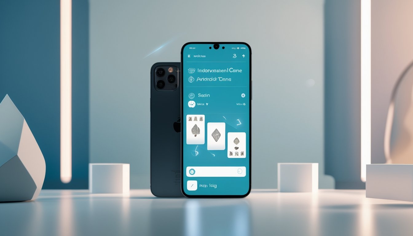 Dua ponsel modern menampilkan permainan kartu digital dengan desain antarmuka yang elegan.