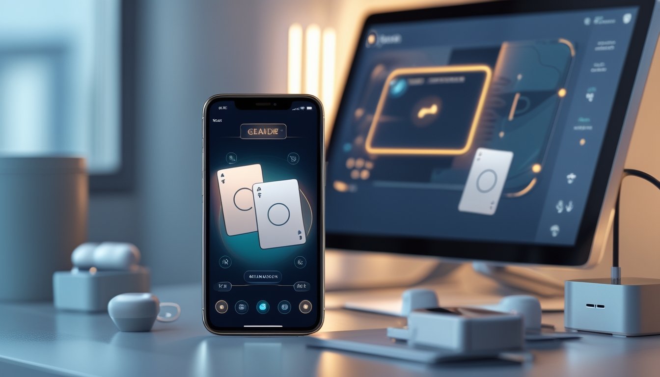Dua ponsel pintar menampilkan antarmuka permainan kartu digital di atas meja modern.