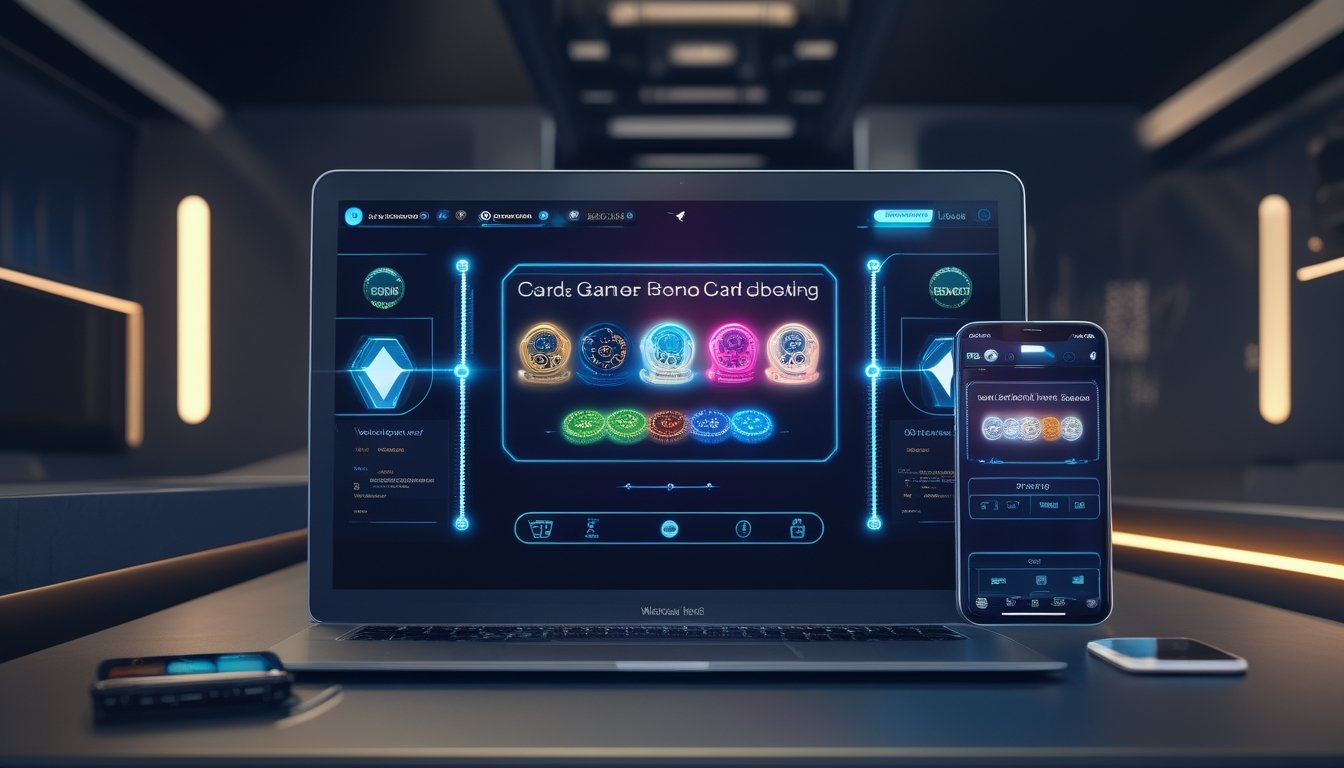 Laptop dan ponsel menampilkan permainan kartu digital di meja modern dengan nuansa koneksi cepat.