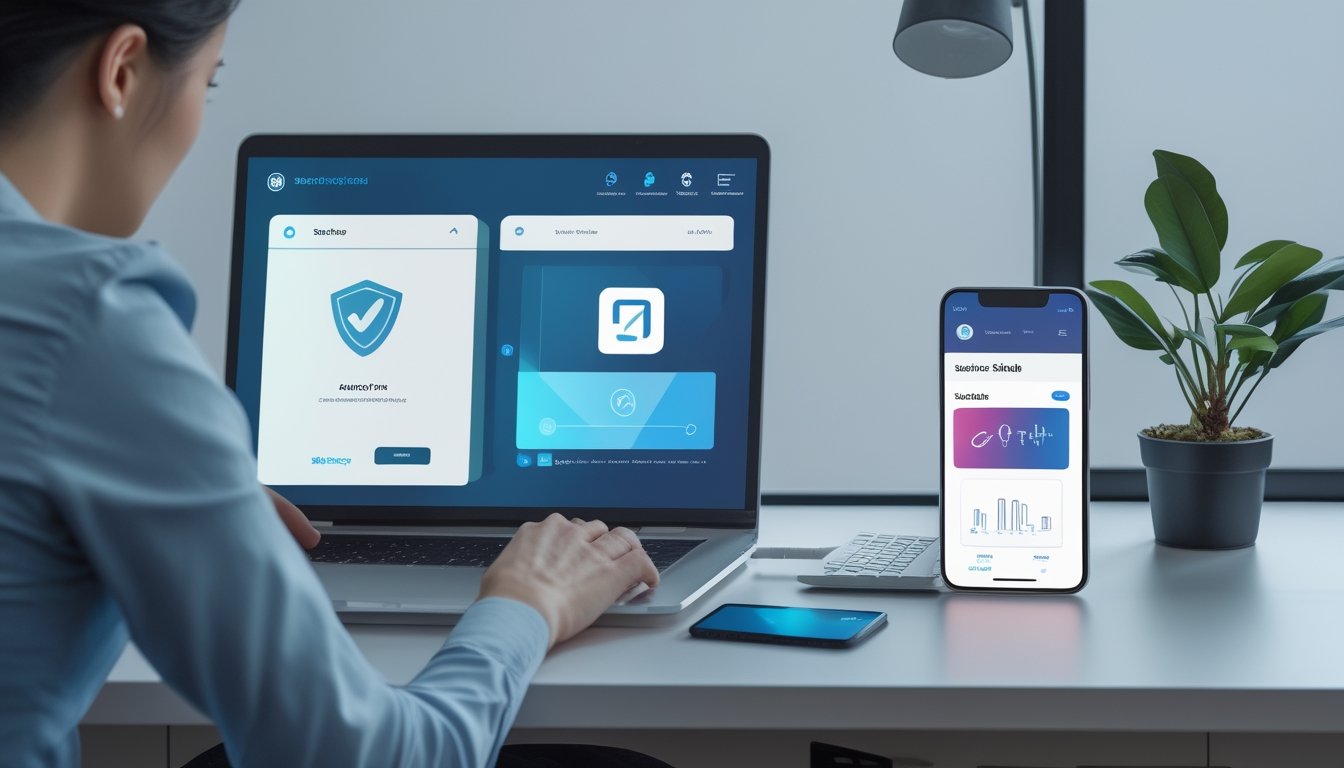 Seseorang menilai keamanan dan keandalan platform digital melalui laptop di ruang kerja modern.