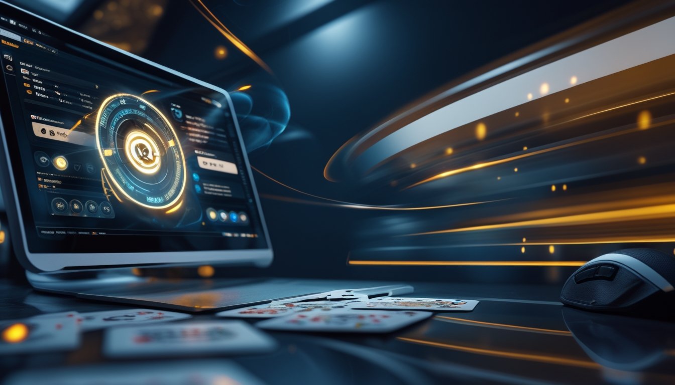 Laptop menampilkan permainan kartu digital yang buram dengan kartu tertutup dan token permainan di atas meja.