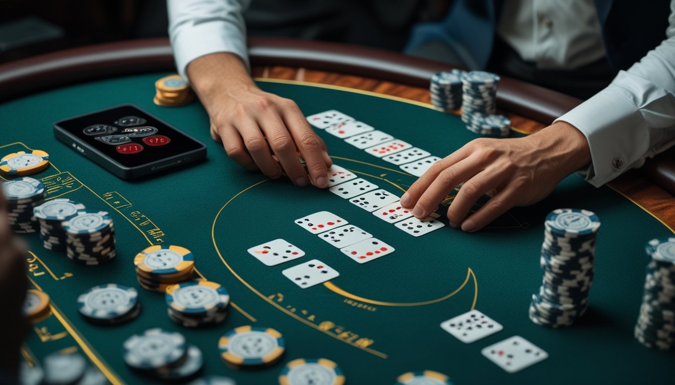 Tangan dealer menyusun kartu domino Ceme di atas meja permainan bersama keping chip dan alat penghitung.