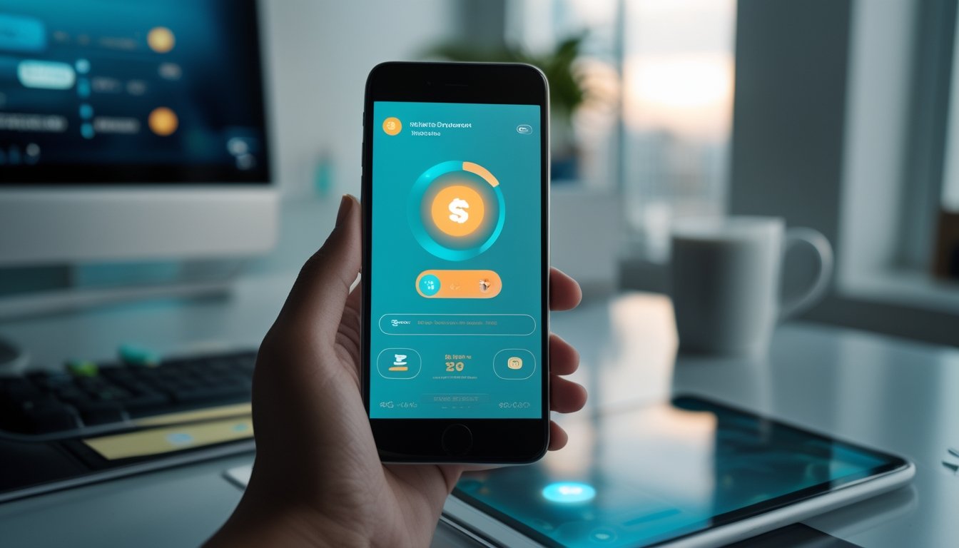Ponsel pintar menampilkan antarmuka pembayaran digital abstrak di atas meja kerja modern.