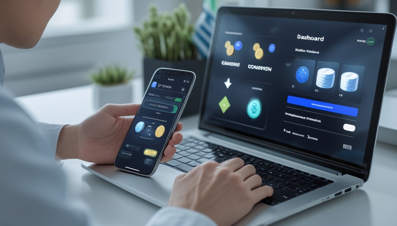Seseorang menggunakan ponsel dan laptop untuk mengakses layanan permainan online serta melakukan pembayaran digital.