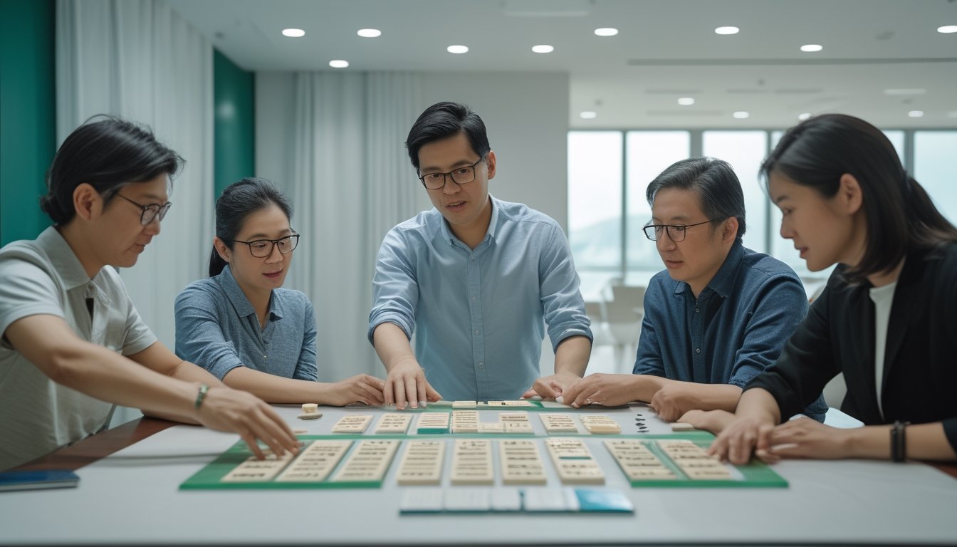 Sekelompok orang dewasa mempelajari permainan domino di sekitar meja dengan seorang pemain berpengalaman memberikan arahan.
