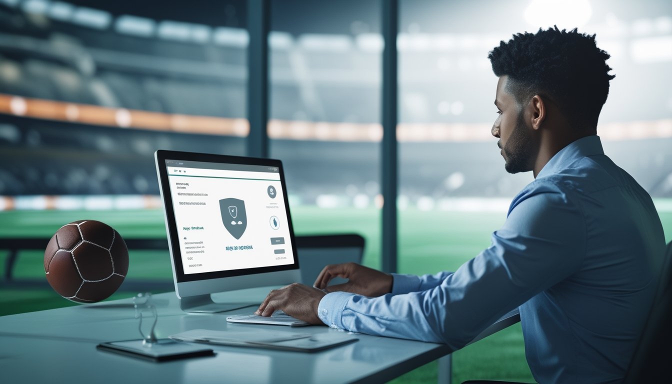Orang dewasa menggunakan laptop untuk mendaftar akun taruhan sepak bola dengan simbol keamanan dan suasana stadion yang samar.