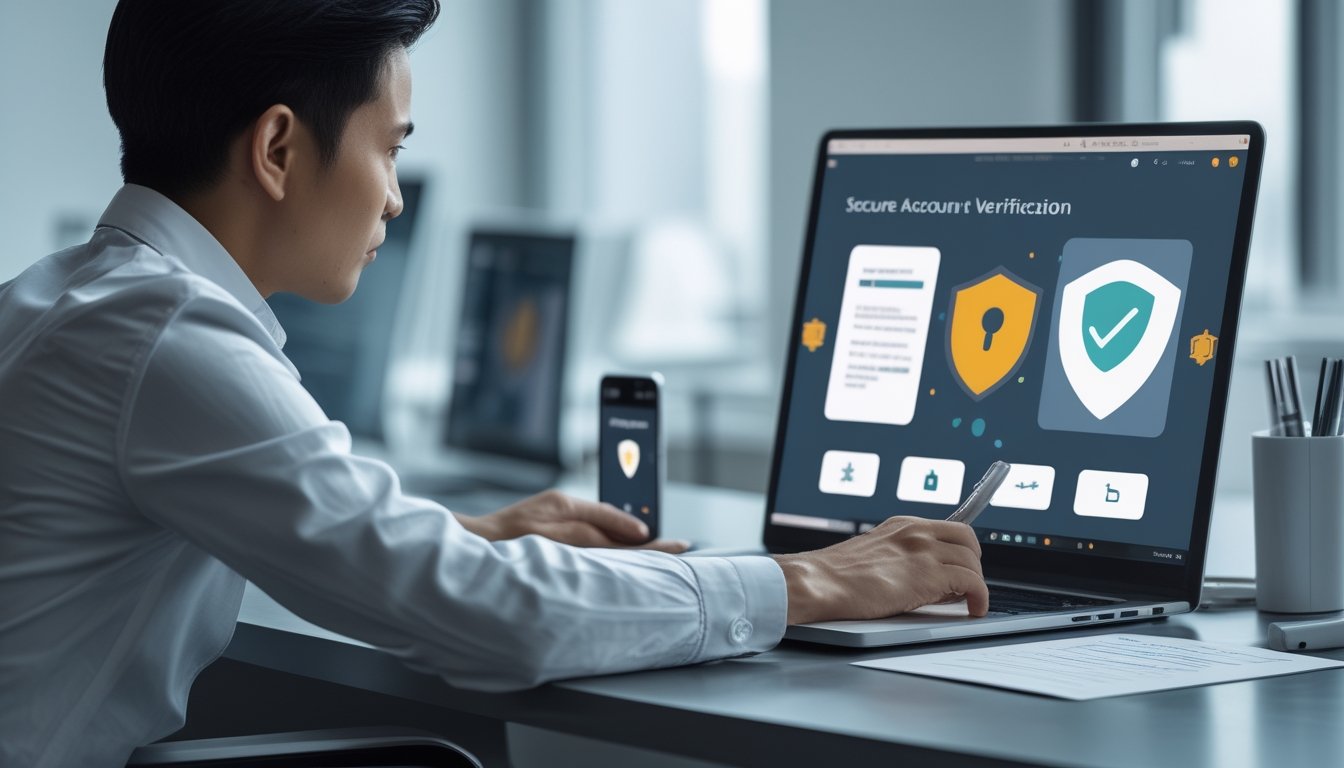 Seseorang memeriksa keamanan dan legalitas platform taruhan online menggunakan laptop dan ponsel di meja kerja.