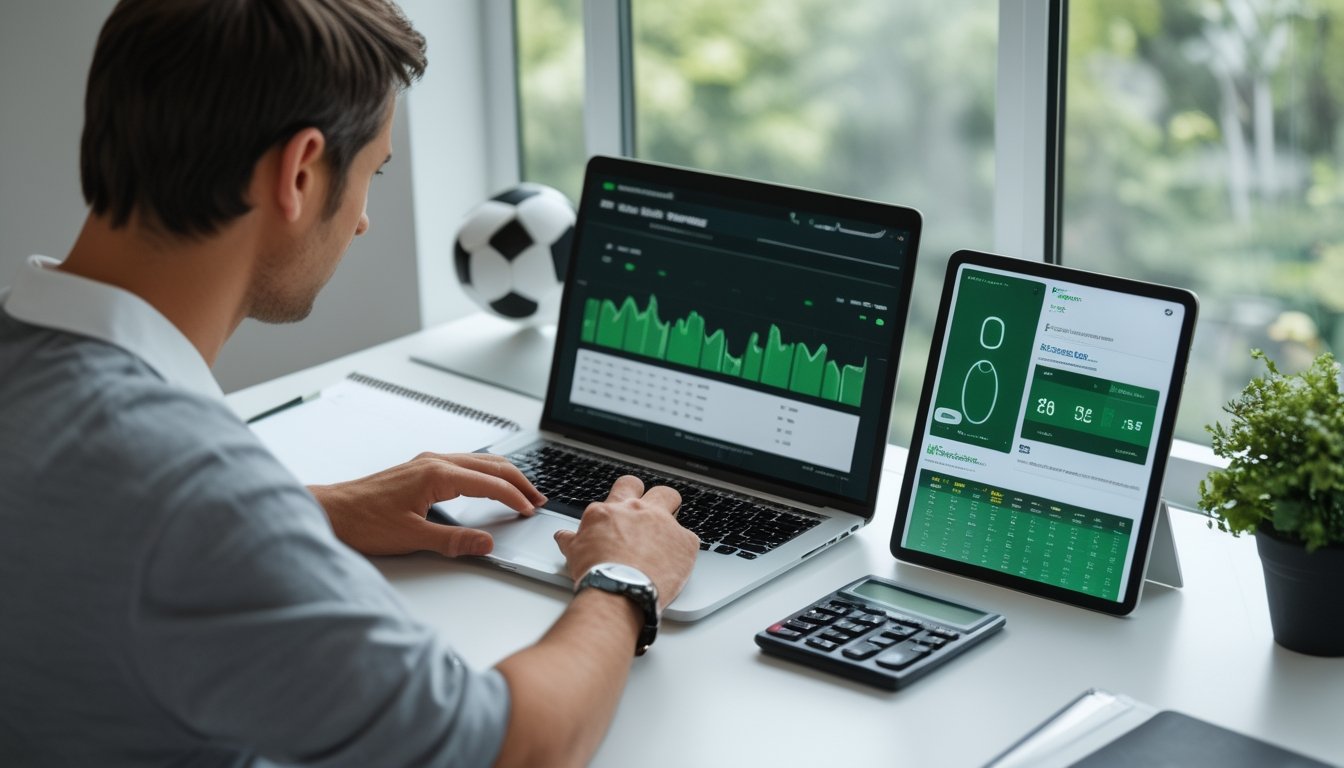 Seorang penggemar sepak bola mempelajari statistik pertandingan melalui laptop dan ponsel di meja kerja.