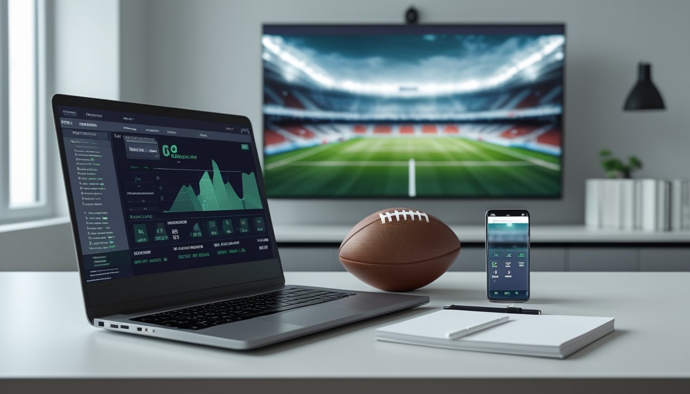 Meja kerja dengan laptop berisi analisis pertandingan sepak bola, ponsel, bola, dan layar stadion di latar belakang.