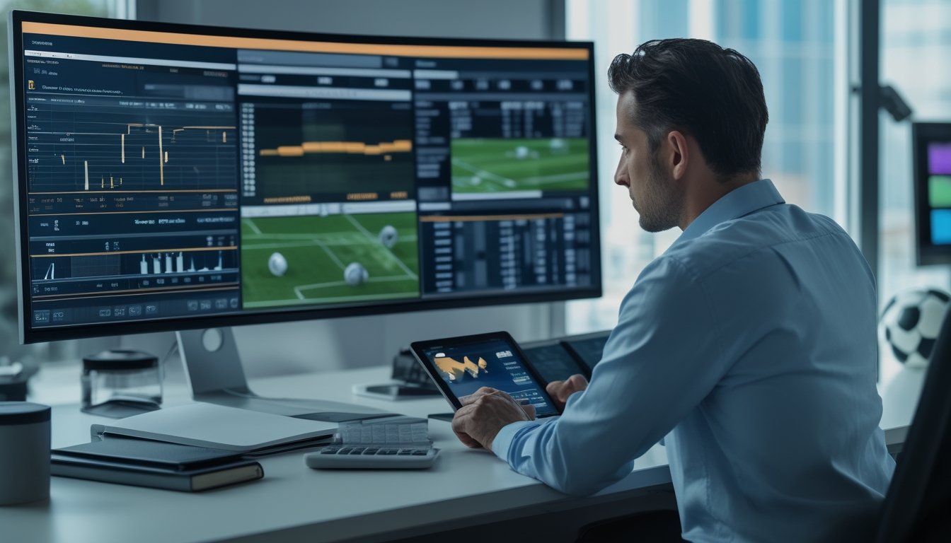 Analis sedang mempelajari data pertandingan sepak bola dan grafik statistik di meja kerja modern.