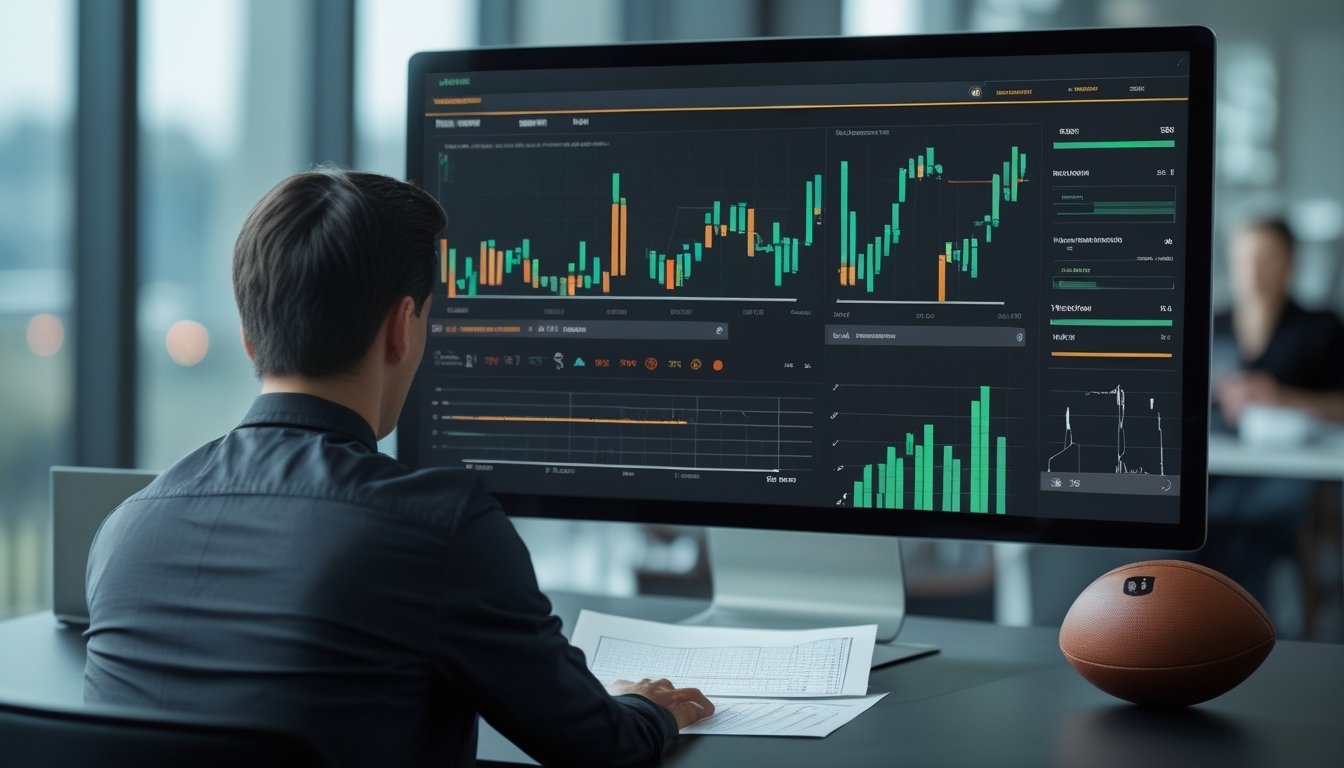 Analis memeriksa data pertandingan sepak bola dan grafik handicap di ruang kerja modern.