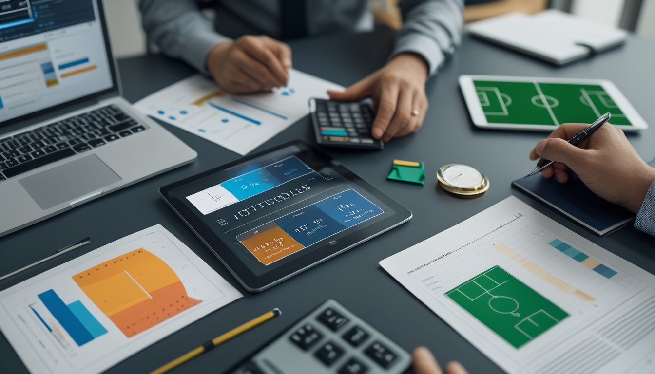 Seorang analis memeriksa statistik pertandingan sepak bola di laptop dan dokumen pada meja kerja.