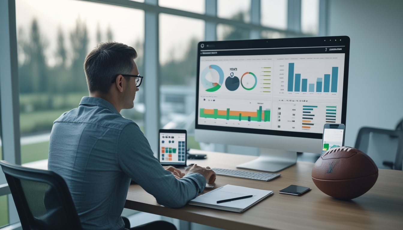 Seorang analis memeriksa grafik statistik sepak bola di ruang kerja modern dengan laptop dan bola di atas meja.