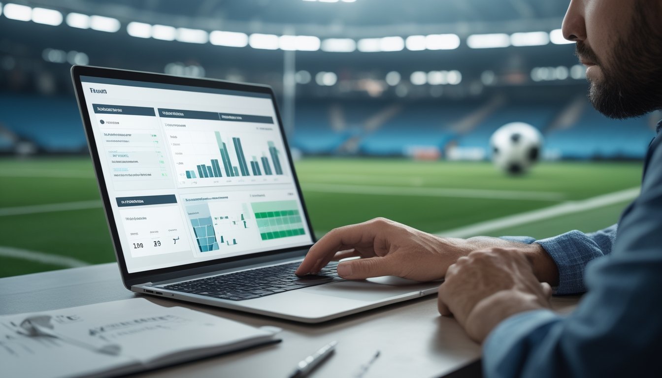 Seseorang menganalisis data pertandingan sepak bola di laptop dengan kalkulator dan catatan kosong di meja.