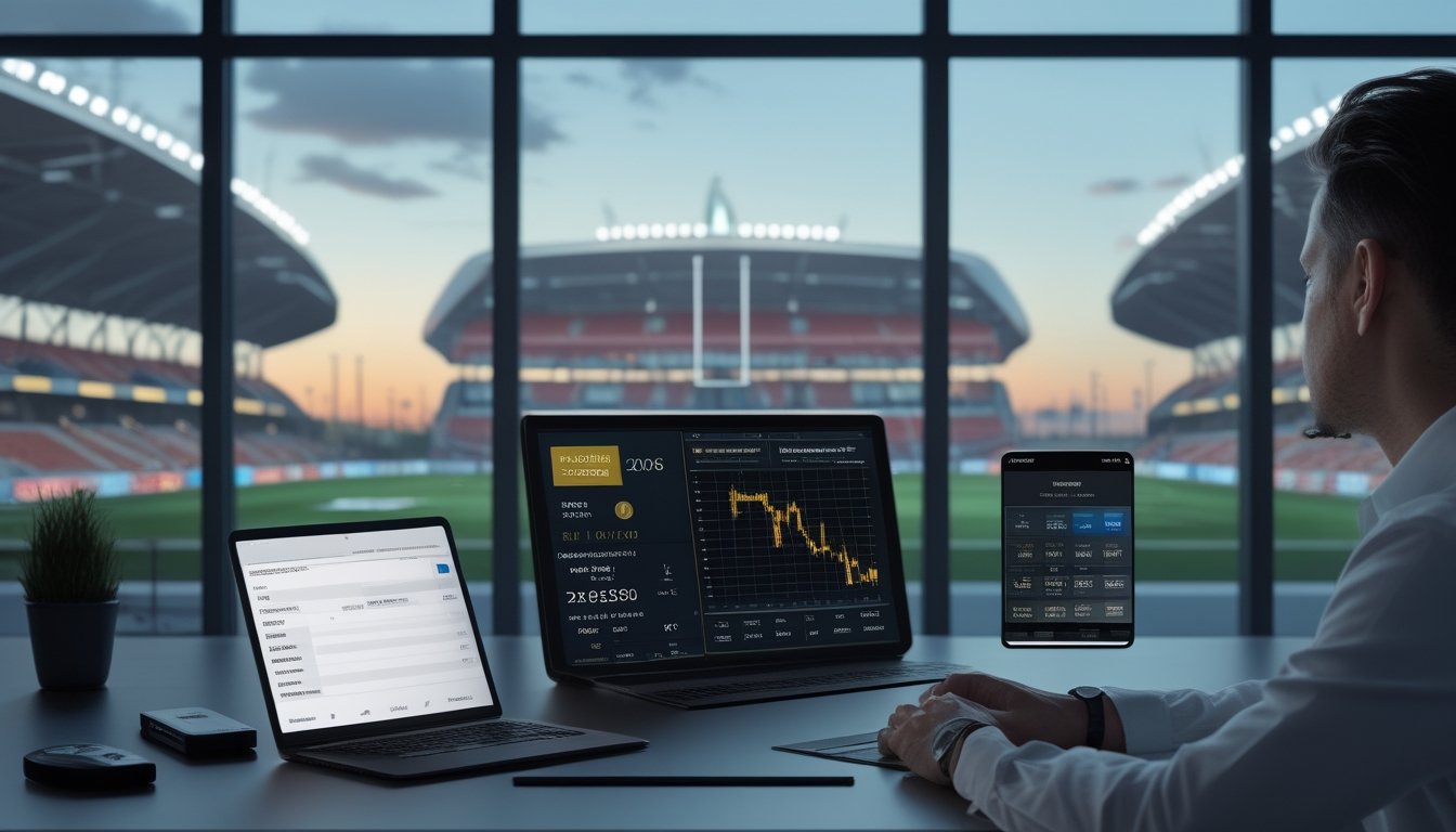 Seseorang menganalisis data pertandingan sepak bola menggunakan laptop dan ponsel di ruang kerja modern dengan stadion terlihat di luar jendela.