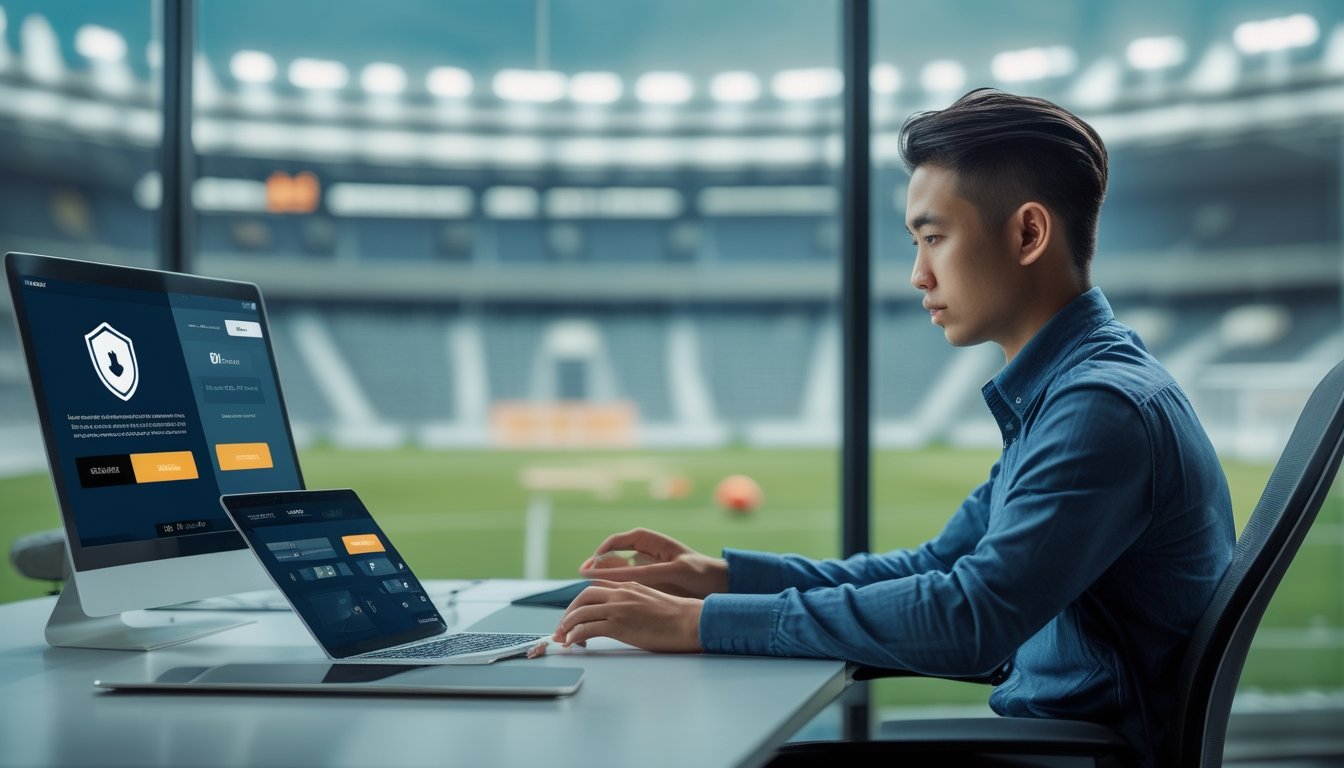 Orang dewasa menggunakan laptop dan ponsel untuk melihat informasi pertandingan sepak bola di ruang kerja modern dengan latar stadion.
