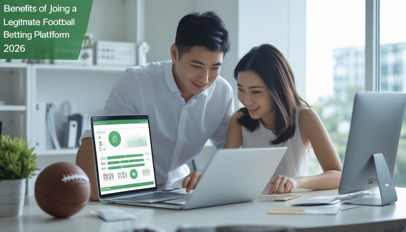 Dua orang dewasa memeriksa statistik pertandingan sepak bola dan informasi akun pada laptop dan ponsel di ruang kerja modern.