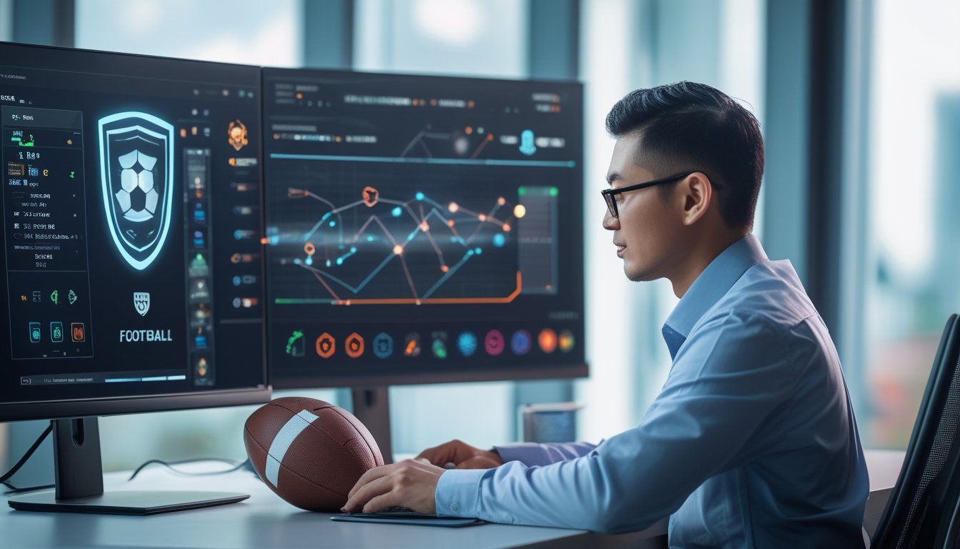 Seorang analis memeriksa sistem keamanan platform sepak bola di ruang kerja modern dengan simbol perisai digital dan stadion yang tampak samar.