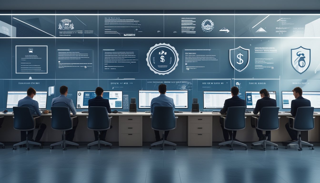 Tim profesional memeriksa dokumen kepatuhan dan sistem keamanan digital di kantor modern.