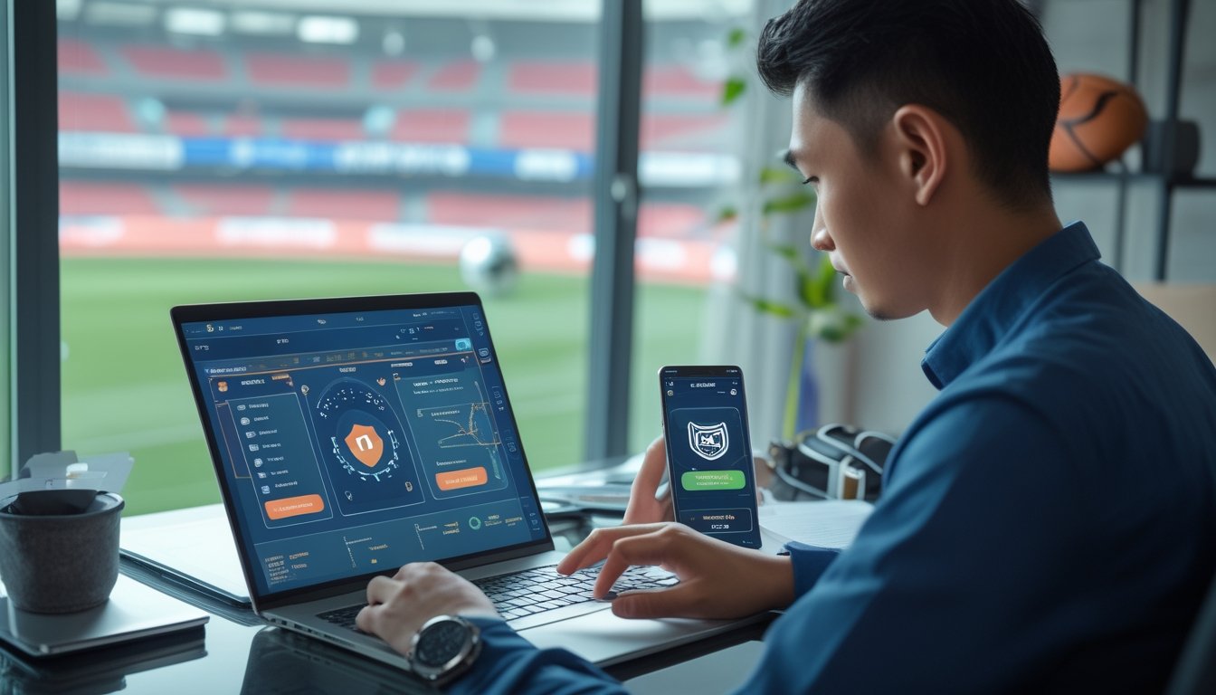 Seseorang dewasa meninjau statistik sepak bola dan pengaturan keamanan akun di laptop dalam ruang kerja modern.