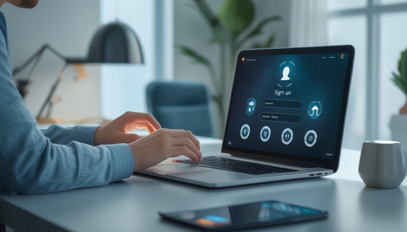 Seseorang mendaftarkan akun melalui laptop dan ponsel di meja kerja modern.