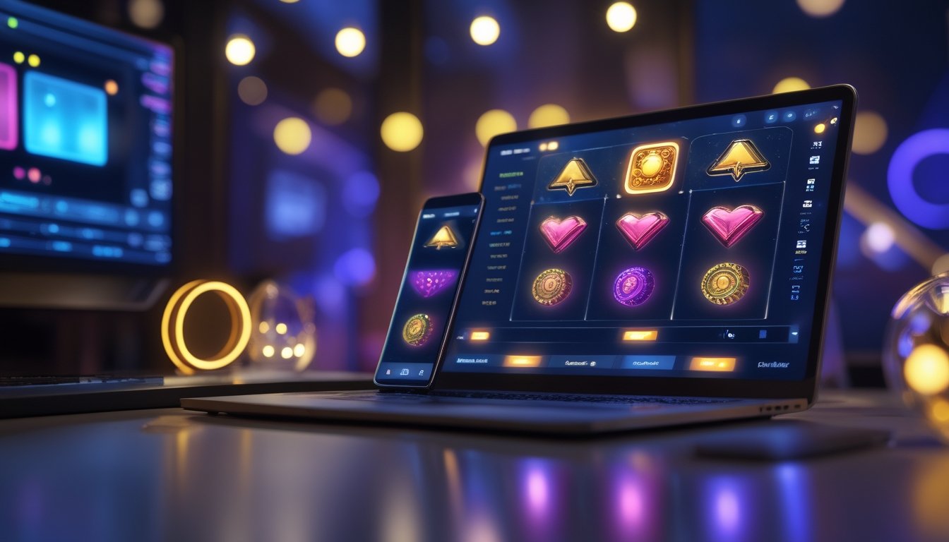 Perangkat digital menampilkan grafis gulungan permainan berwarna-warni di atas meja dengan suasana malam yang bercahaya.