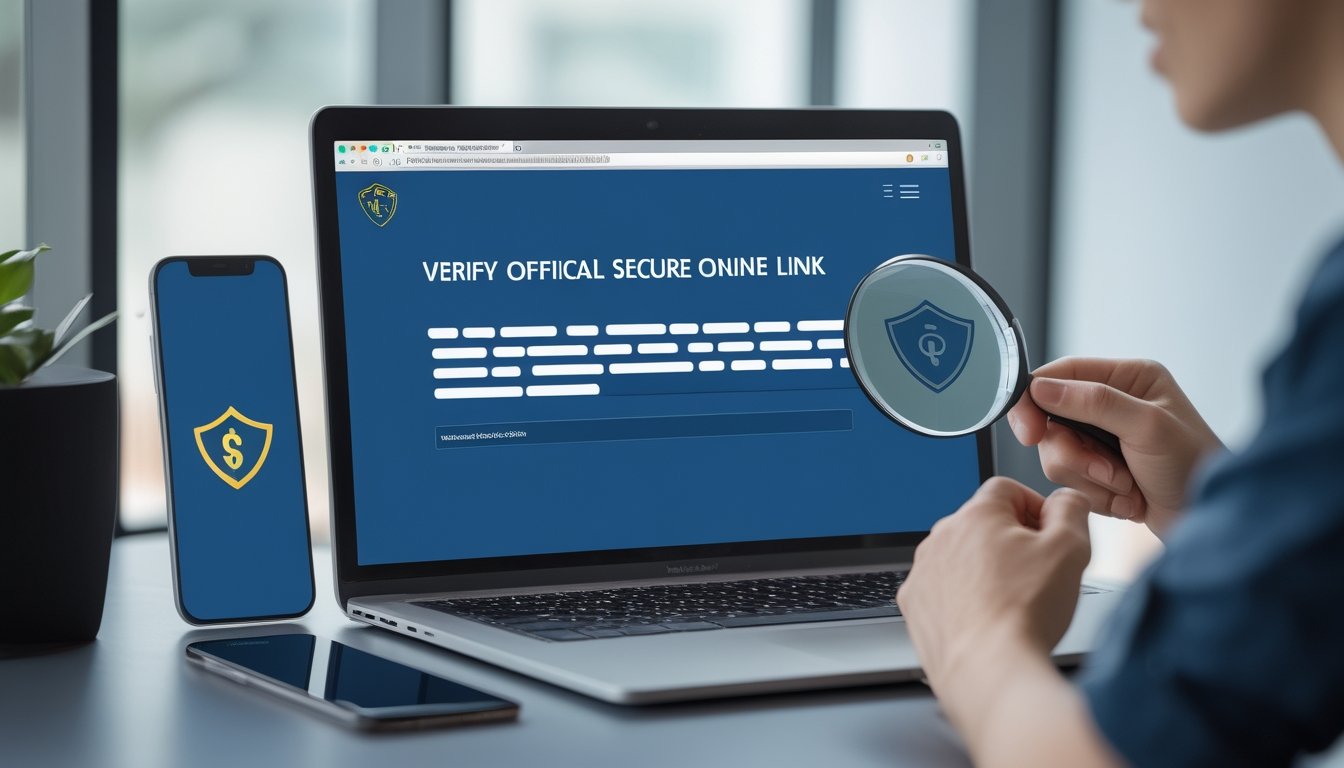 Seseorang memeriksa keamanan tautan di laptop dengan bantuan kaca pembesar dan simbol perisai.