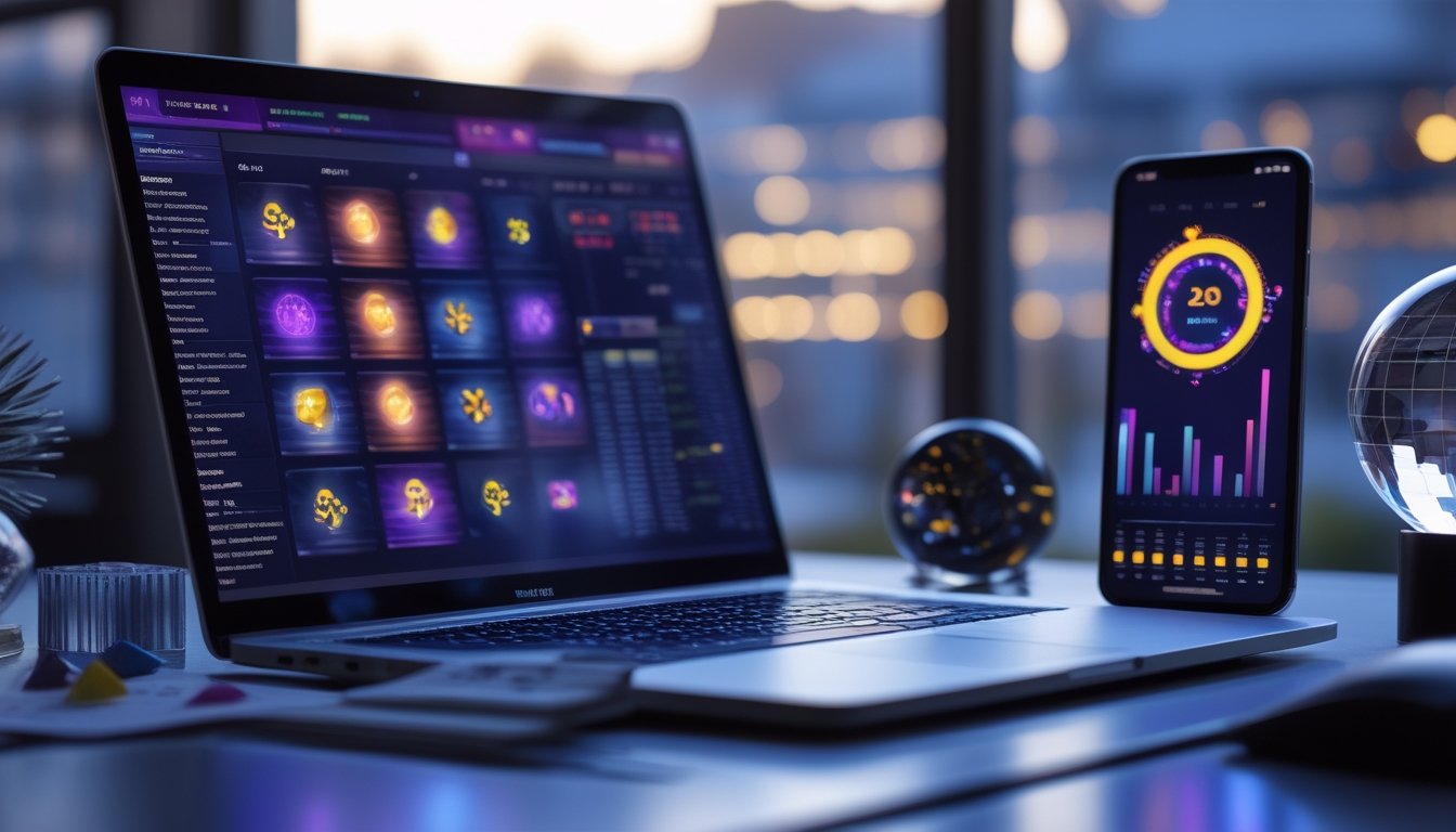Meja kerja modern dengan laptop dan ponsel yang menampilkan grafik analisis abstrak, kalkulator, serta catatan tanpa tulisan yang terbaca.