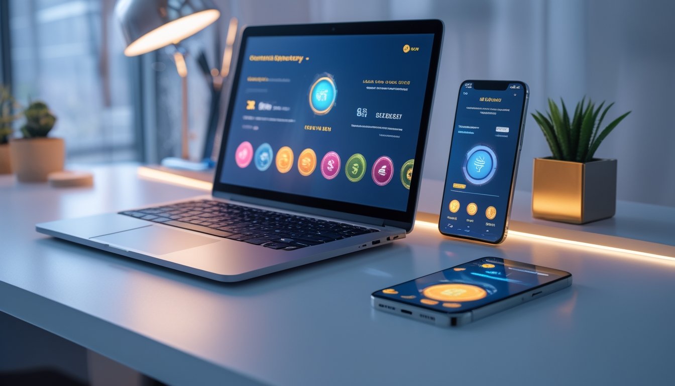 Smartphone dan laptop menampilkan antarmuka permainan digital abstrak di atas meja kerja modern.