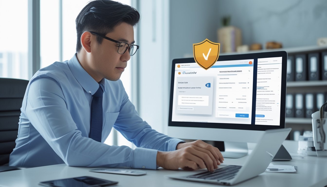 Orang dewasa memeriksa keamanan platform digital di laptop dan ponsel dengan simbol perisai, kunci, serta dokumen di meja.