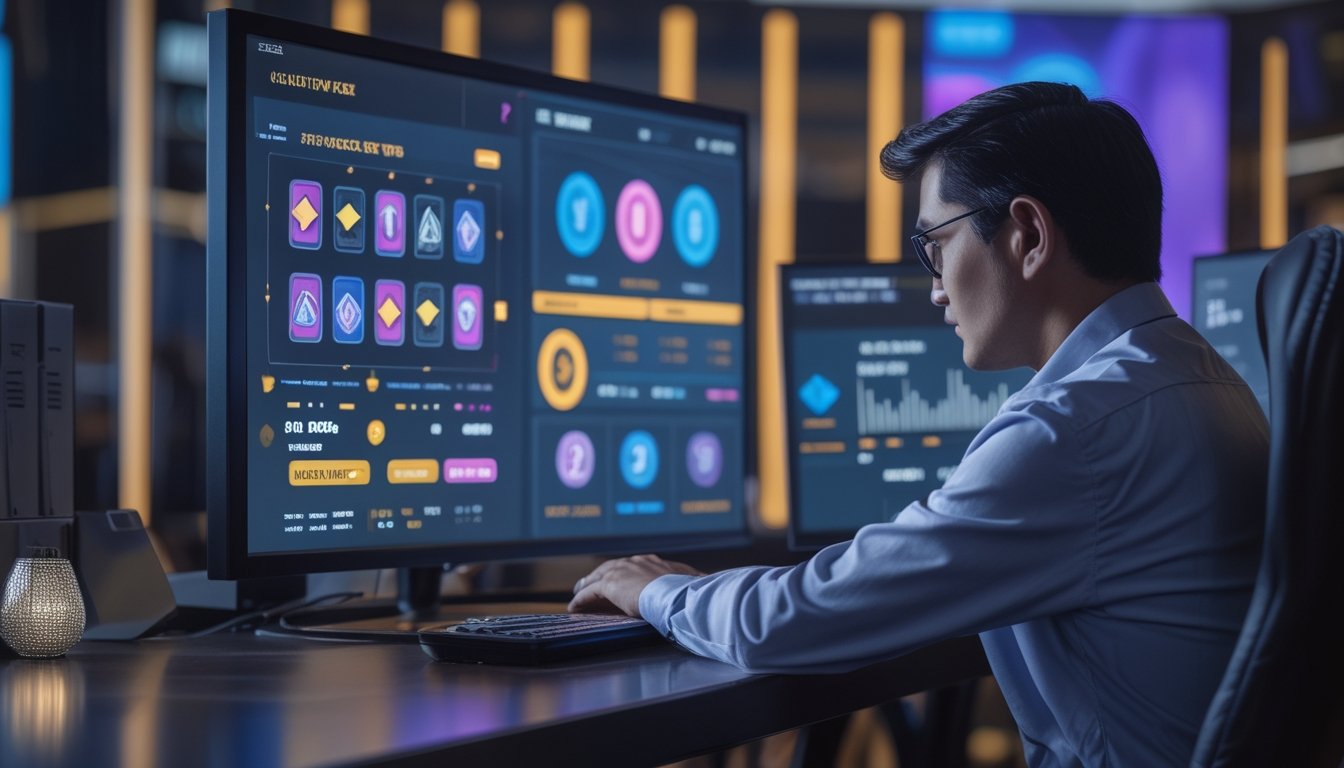 Seorang analis mempelajari grafik probabilitas dan tampilan permainan slot di meja kerja.