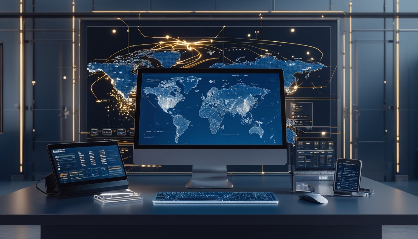 Tampilan ruang kerja modern dengan layar digital yang menampilkan jaringan server global dan elemen permainan abstrak.