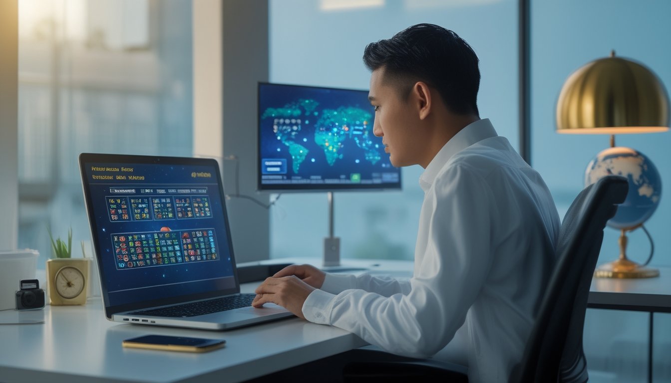Seseorang memeriksa platform permainan digital dengan visualisasi koneksi server internasional di meja kerja.