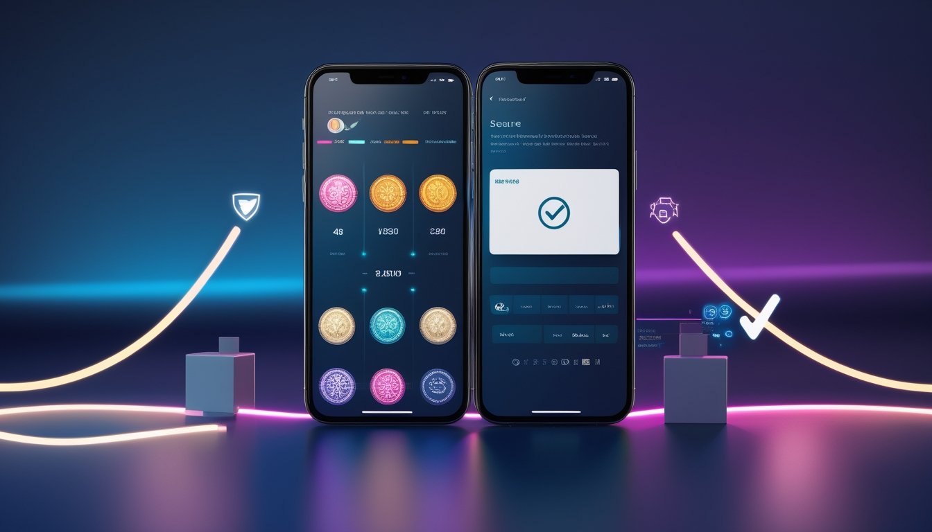 Dua ponsel menampilkan permainan digital dan konfirmasi pembayaran dompet elektronik di atas permukaan bernuansa biru dan ungu.