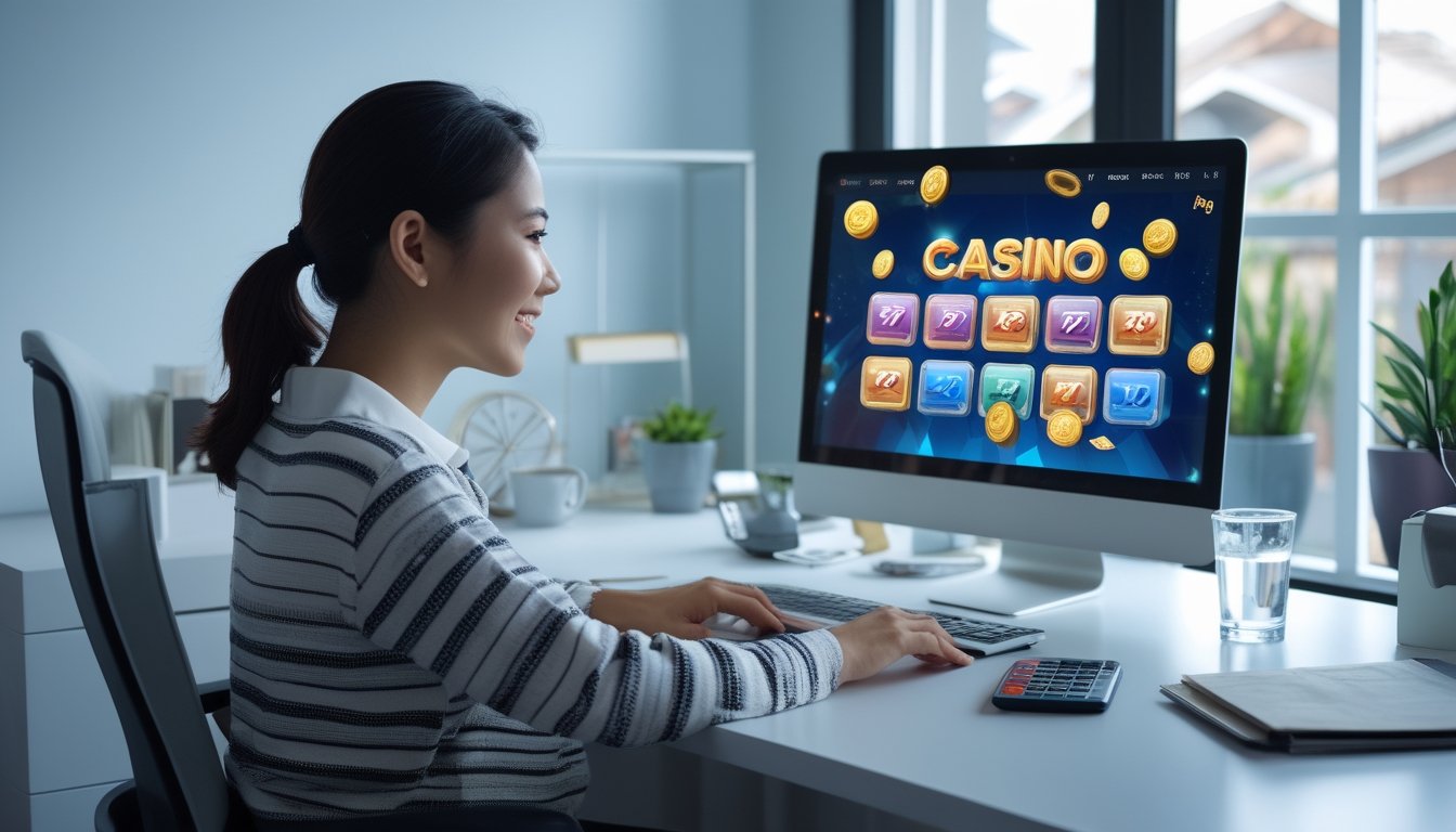 Seseorang mempelajari permainan slot bold di meja kerja dengan laptop, ponsel, buku catatan, dan kalkulator.