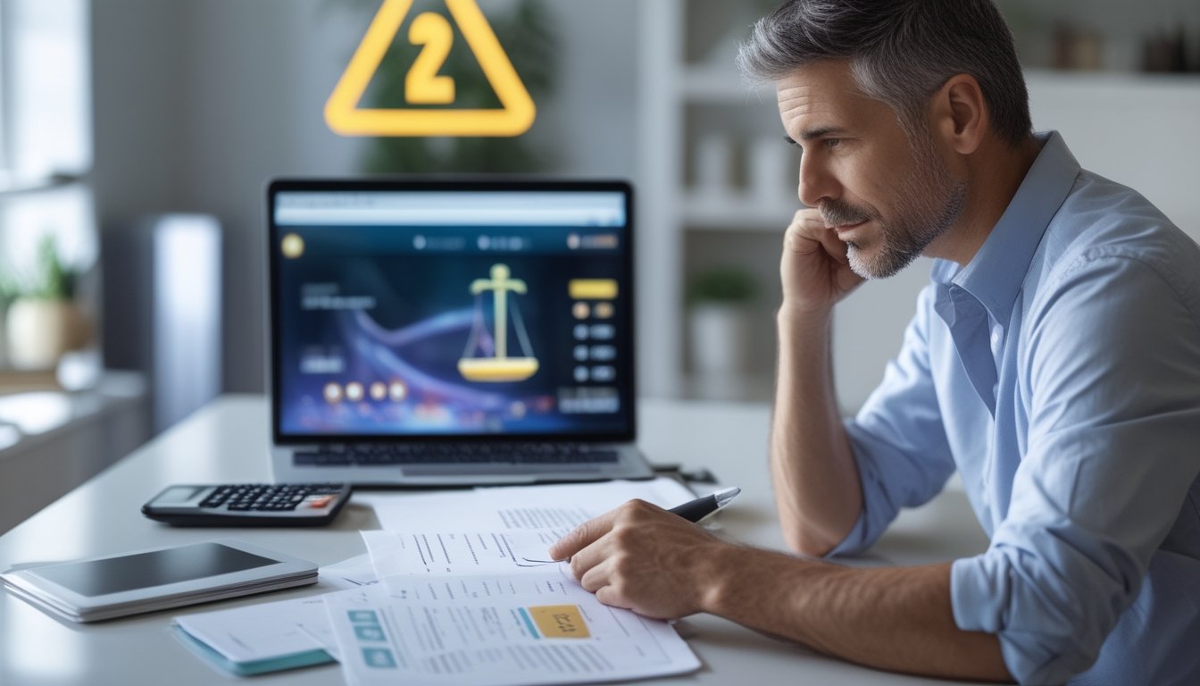 Seseorang dengan hati-hati meninjau dokumen dan laptop di meja kerja modern.