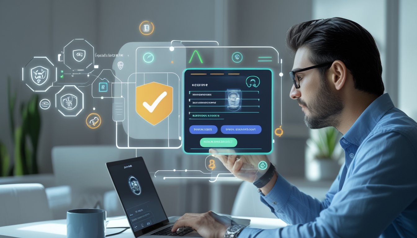 Orang dewasa menggunakan laptop dan ponsel untuk proses pendaftaran serta verifikasi identitas digital.