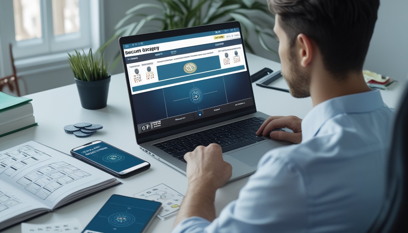 Seorang pemula mempelajari permainan baccarat dare di meja kerja dengan laptop, catatan strategi, kalkulator, dan keping permainan.