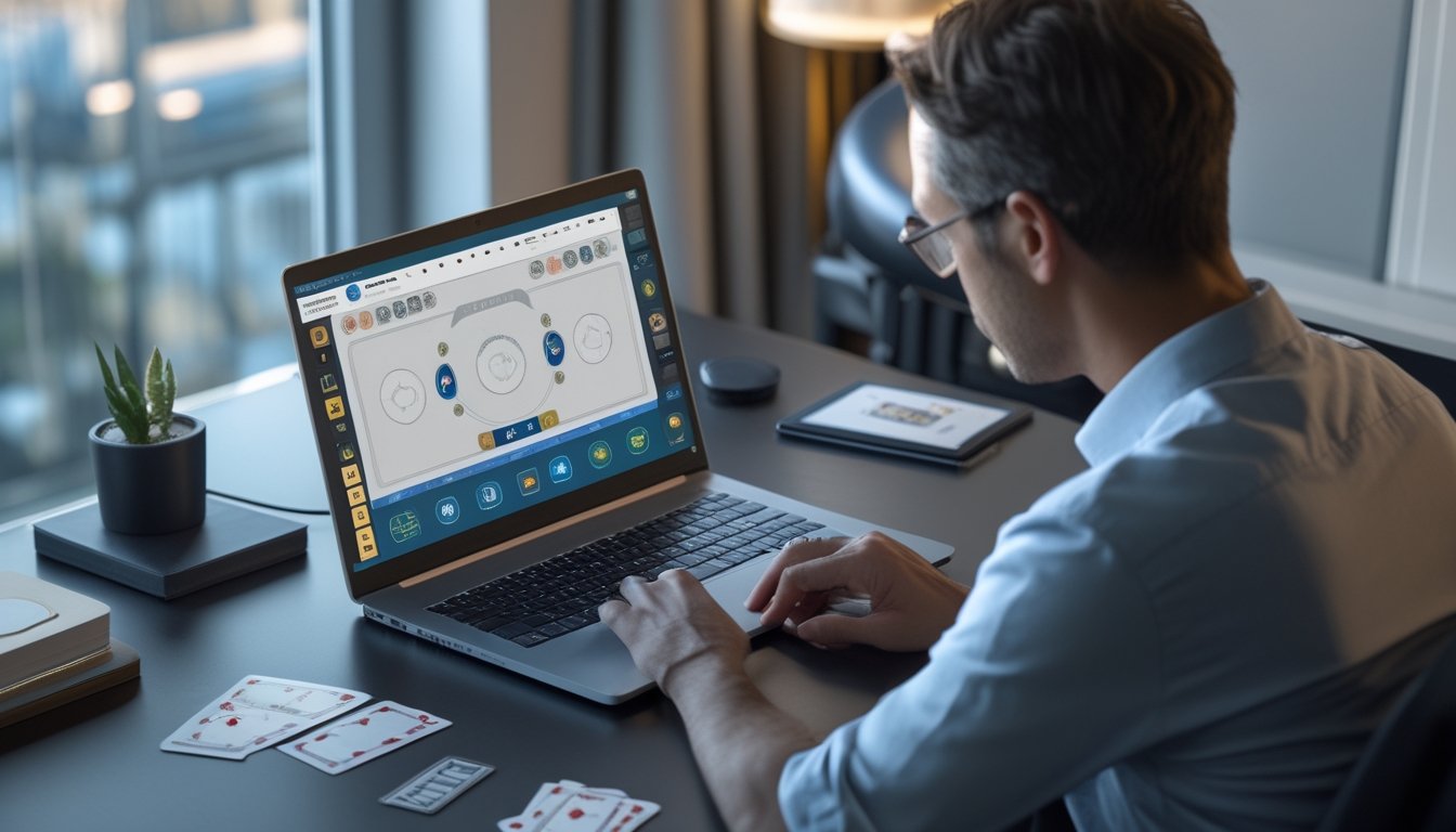 Seorang pemula mempelajari permainan baccarat online di laptop dengan kartu dan chip di meja.