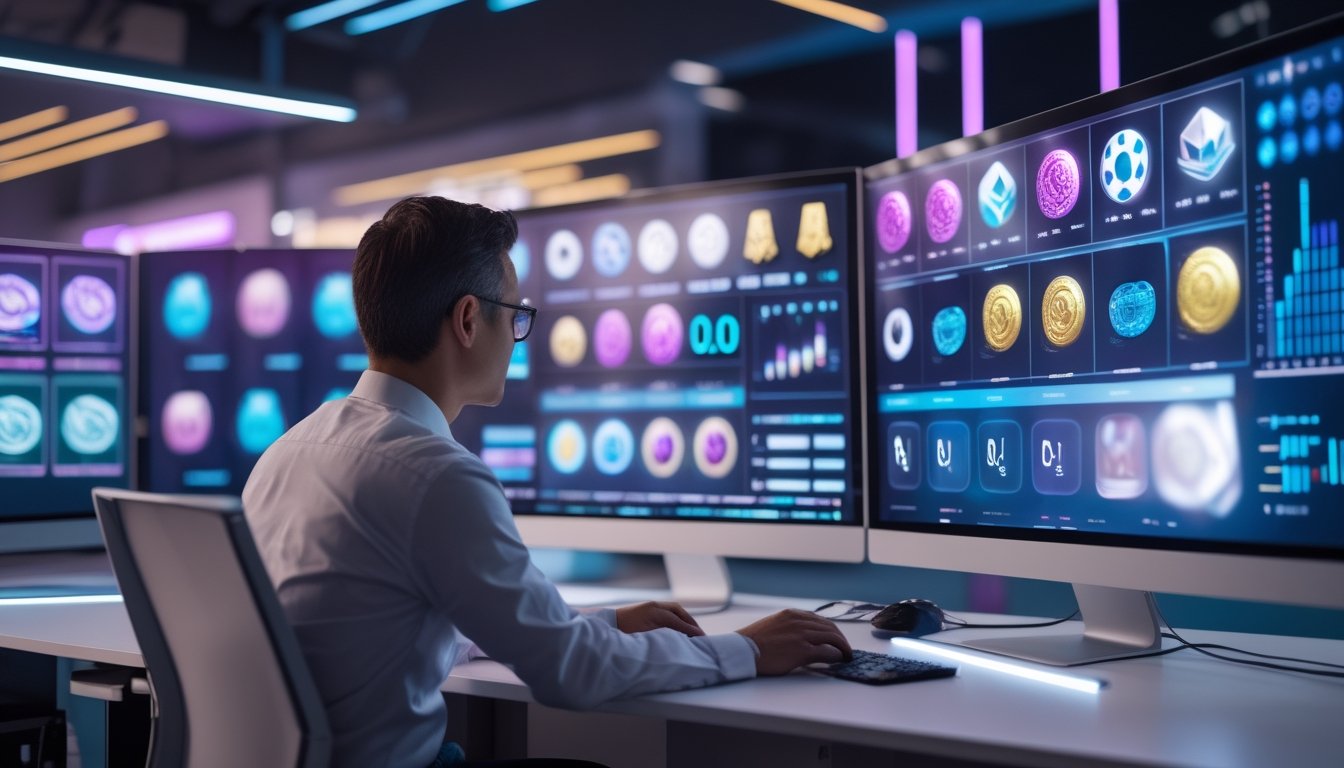 Seorang analis mempelajari visualisasi pola permainan pada beberapa monitor di ruang kerja modern.