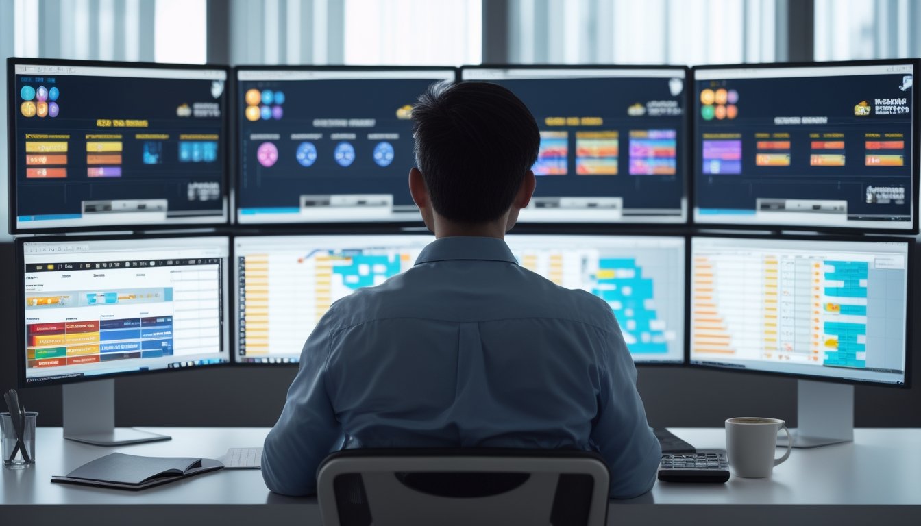 Seorang analis mempelajari pola permainan slot fiktif dan grafik data di beberapa monitor.