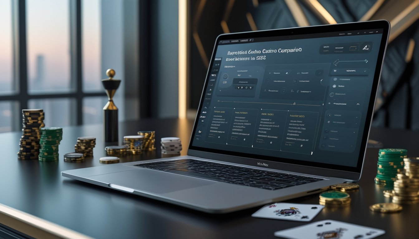 Laptop dengan tampilan perbandingan kasino abstrak dikelilingi chip poker, kartu, roda roulette, dan koin emas di atas meja modern.
