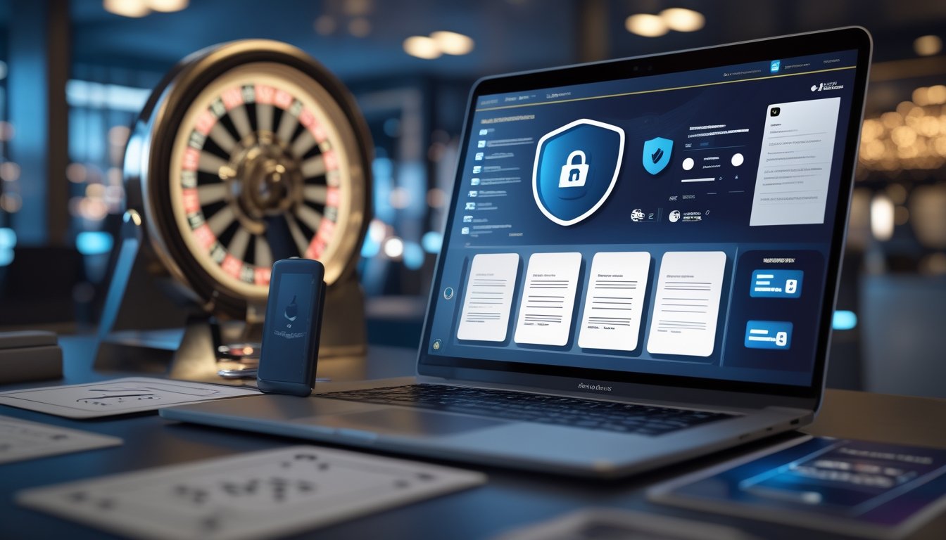 Laptop dengan tampilan platform kasino daring abstrak, simbol keamanan digital, dokumen legal, dan elemen kasino yang samar di latar belakang.