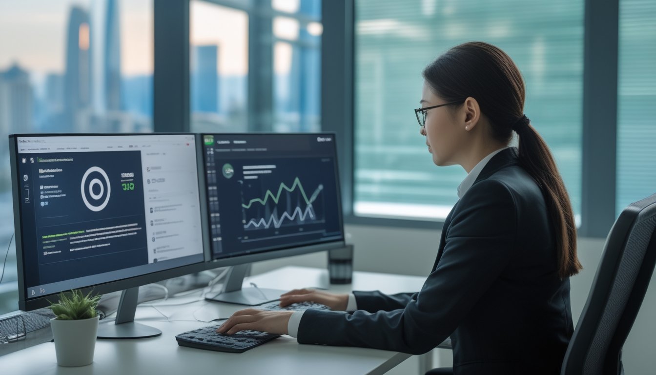 Konsultan keamanan digital meninjau dashboard operasional dan dokumen legal di kantor modern.