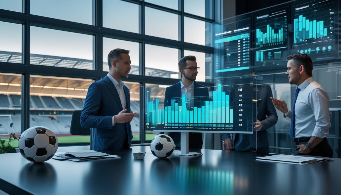 Tim analis dewasa membahas data pertandingan sepak bola di ruang kerja modern dengan stadion terlihat di latar belakang.